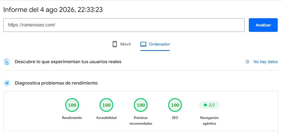 Captura real del informe de PageSpeed Insights de esta web: 100 en Rendimiento, 96 en Accesibilidad, 100 en Prácticas recomendadas y 100 en SEO