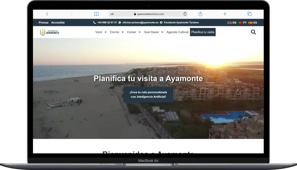 Home de ayamonteturismo.com con navegación organizada por Venir, Dormir, Comer, Qué Hacer y Agenda Cultural