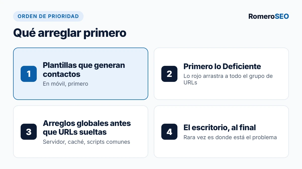 Qué arreglar primero en las Core Web Vitals: plantillas que generan contactos, lo Deficiente, arreglos globales y escritorio