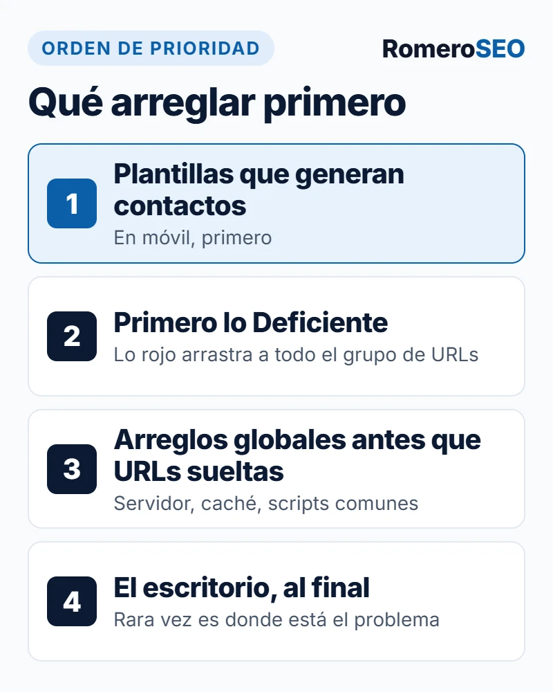 Qué arreglar primero en las Core Web Vitals: plantillas que generan contactos, lo Deficiente, arreglos globales y escritorio