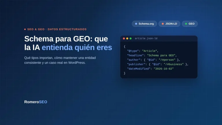 Banner de RomeroSEO sobre schema para GEO con un ejemplo de código JSON-LD de tipo Article con autor y publisher declarados por identificador